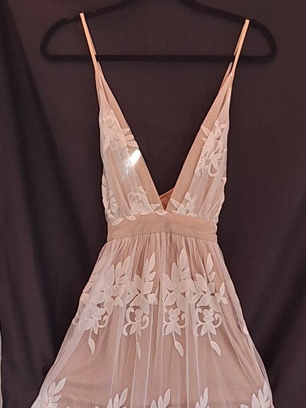 Ethereal Embroidered Lace Maxi Dress Nude Mesh White Floral Open Back L - Picture 3 of 10